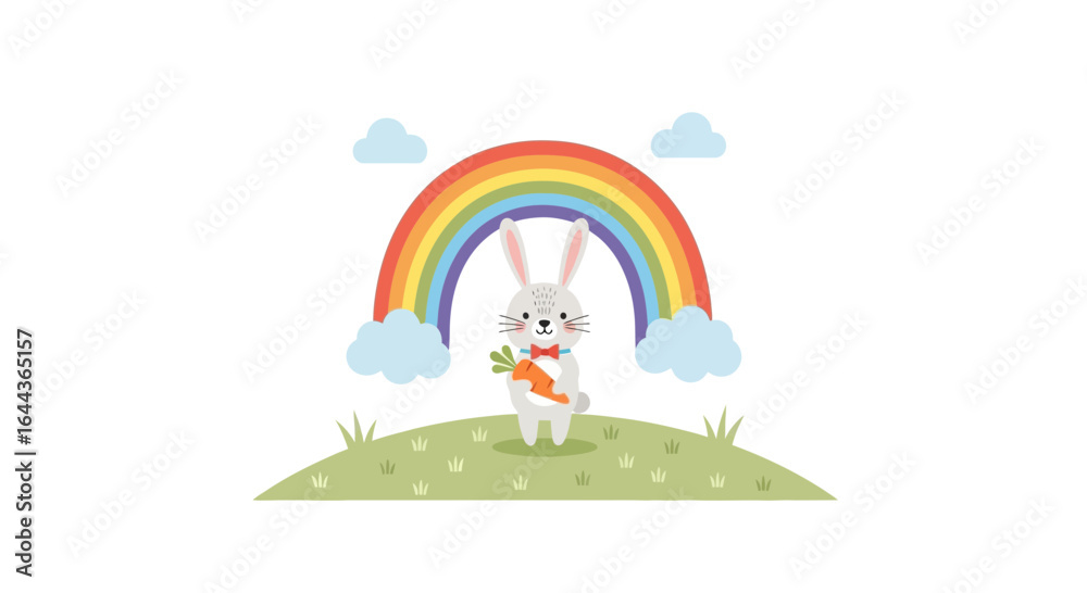 Naklejka premium Cute bunny holding carrot with rainbow background perfect for easter or springtime illustration