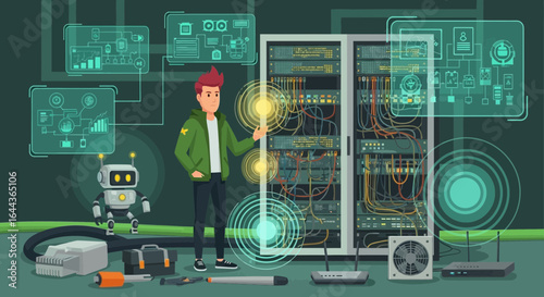 Data center engineer managing server network with ai assistant and visualization interface