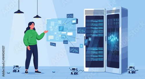 Data Scientist Woman Analyzing Server Room with Robots and Data Visualizations