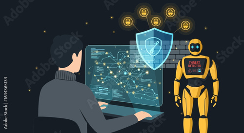 Data security and threat detection illustration featuring a person and a robot working together for network safety and cyber protection