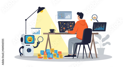 Data scientist works with robot assistant analyzing data from computer with graphs