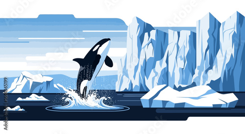 Dynamic orca breaching amidst majestic icebergs, capturing arctic vitality and power