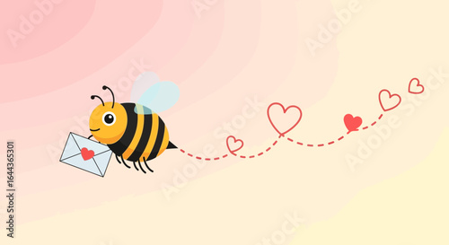 Cute cartoon bee delivering love letter with hearts trail on a light background illustrating affection and romance for Valentine's Day