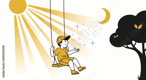 Daydreaming on a Swing: A Child's Imagination Journey from Sunlight to Starlight