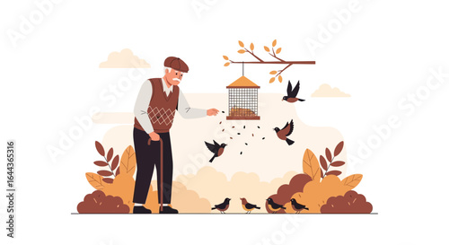 Elderly man feeding birds from a bird feeder in a peaceful outdoor setting with leaves