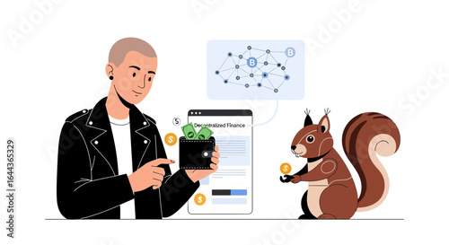 Decentralized finance illustration featuring a man, a wallet, and a squirrel interacting with cryptocurrency networks