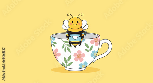 Cute cartoon bee wearing apron sits on floral teacup illustration concept