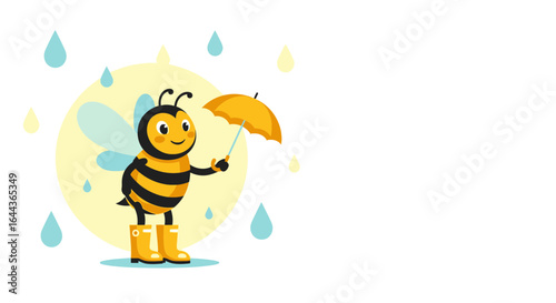 Cute cartoon bee with umbrella in the rain on a white background perfect for kids
