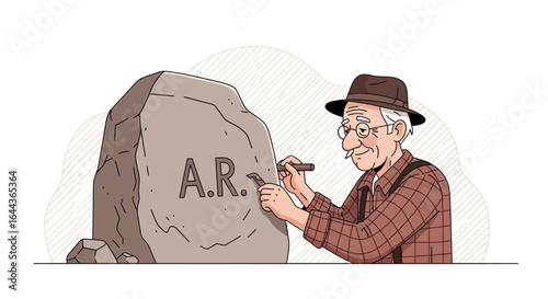Elderly Stone Carver Diligently Etching Initials onto a Boulder with Precision and Care