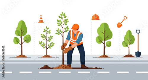 Dedicated construction worker plants a tree sapling as part of urban greening project