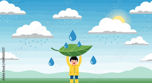 Cute Cartoon Boy in Raincoat Protecting Himself with Leaf During a Rainy Day