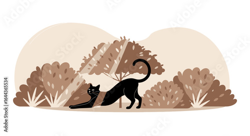 Elegant black cat stretching outdoors in a serene monochrome landscape illustration