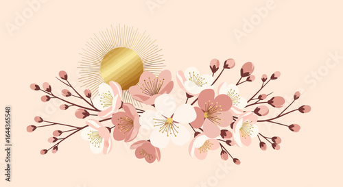 Delicate Blossom Branch With Golden Sun Graphic Against Soft Blush Background