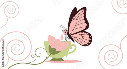 Delicate butterfly sipping nectar from a flower in a teacup on a white background