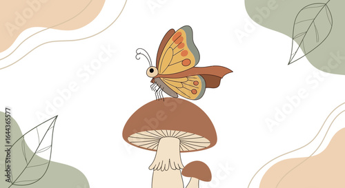 Delicate butterfly resting on a mushroom amidst abstract shapes illustration