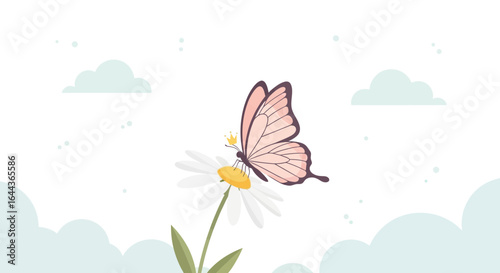 Delicate butterfly with a tiny crown resting gracefully on a daisy surrounded by fluffy clouds