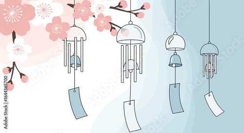 Delicate cherry blossoms and wind chimes evoke a serene Japanese spring atmosphere