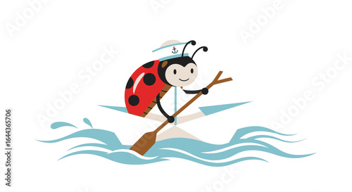 Cute cartoon ladybug captain sailing boat on water waves vector illustration