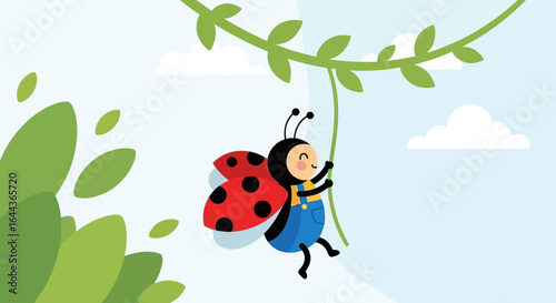 Cute cartoon ladybug swinging from a vine in a playful outdoor scene with leaves and clouds