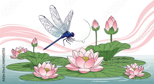 Delicate dragonfly and pink lotus flowers in a serene pond illustration