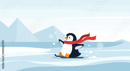 Cute cartoon penguin enjoying winter sled ride with a red scarf landscape illustration