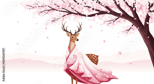Elegant deer illustration under cherry blossom tree in a dreamy pink landscape