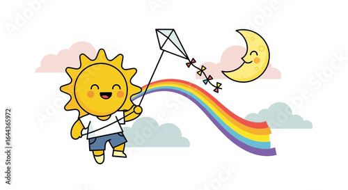 Cute cartoon sun flying kite with rainbow tail next to happy moon illustration