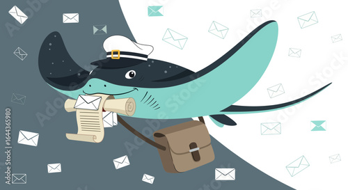 Cute Cartoon Stingray Mailman Delivering Letters with a Friendly Expression for Greetings