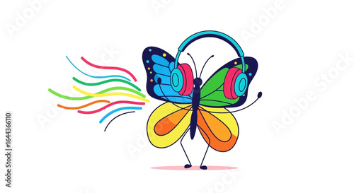 Cute Colorful Butterfly Wearing Headphones Cartoon Character for Kids Design Projects