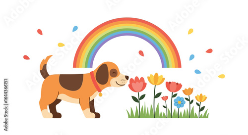 Cute dog sniffing flowers under a colorful rainbow creating a cheerful spring scene