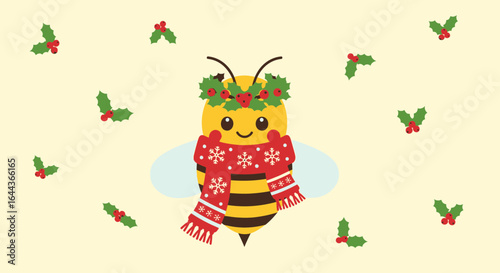 Cute Christmas bee with holly wreath and scarf on a beige background illustration
