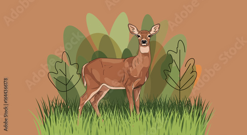 Elegant fawn illustration standing gracefully amidst lush greenery and stylized trees against a terracotta background