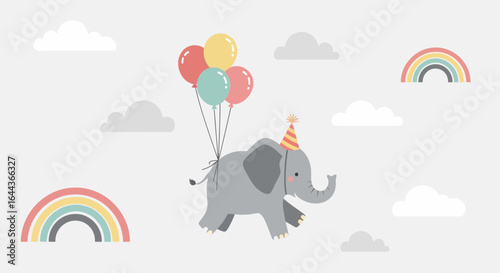 Cute Elephant with Balloons and Party Hat Floating in the Sky Illustration