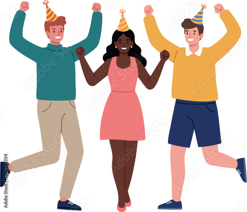 Group of diverse friends celebrating party with hats jumping and smiling together 