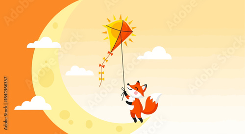 Cute fox flying a kite against a crescent moon backdrop, illustration for children's book perfect for cheerful whimsical designs