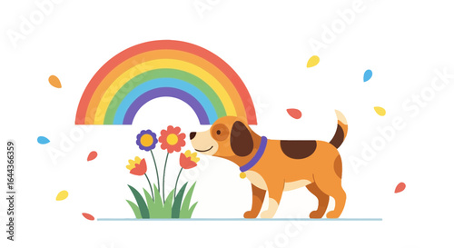 Delightful cartoon scene featuring a dog smelling flowers under a vibrant rainbow