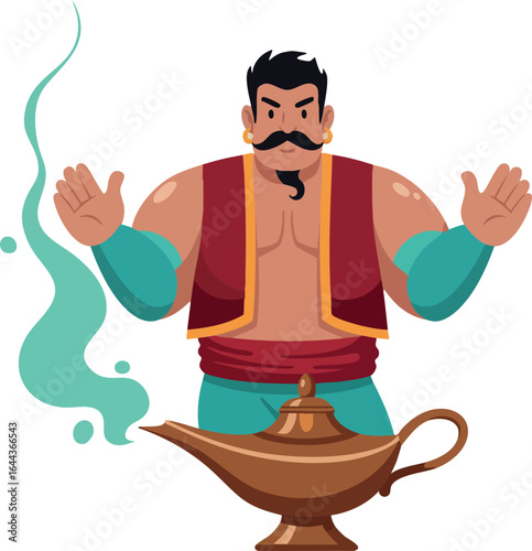 Middle Eastern genie character with magic lamp and teal smoke vector illustration 