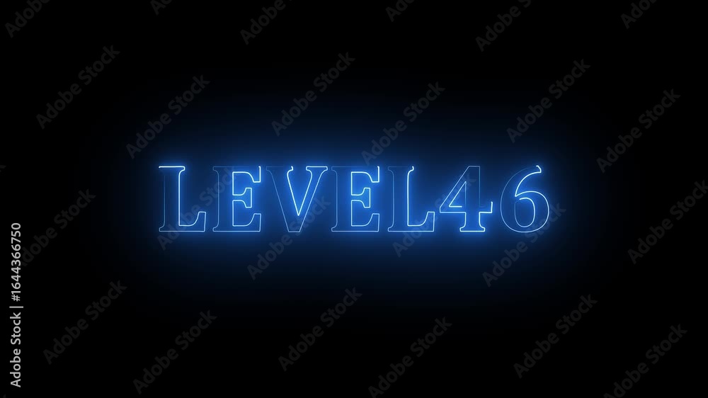 Level text font with neon light. Level 46 neon sign.color letters spelling out level Up appear .Glowing neon color LEVEL- 50 text animation icon sign symbol on black background. Level text font with neon light. Level 46 neon sign.color letters spelling out level Up appear .Glowing neon color LEVEL- 50 text animation icon sign symbol on black background.
