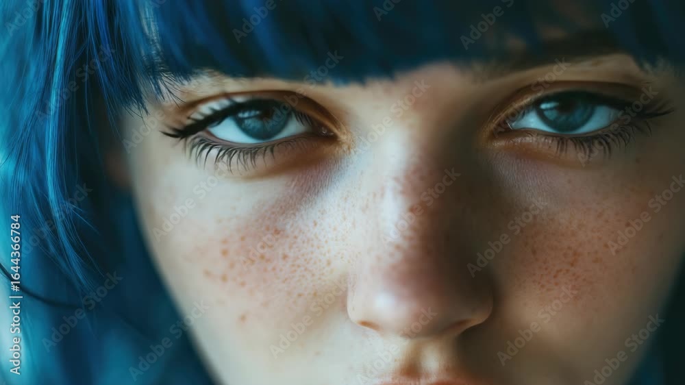 A young woman with striking blue eyes and freckles gazing into the camera. Her look is intense yet gentle, suggesting a deep inner thought. A young woman with striking blue eyes and freckles gazing into the camera. Her look is intense yet gentle, suggesting a deep inner thought.