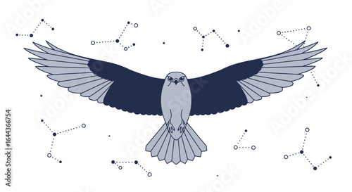 Elegant illustration of a soaring eagle amidst a celestial map of constellations
