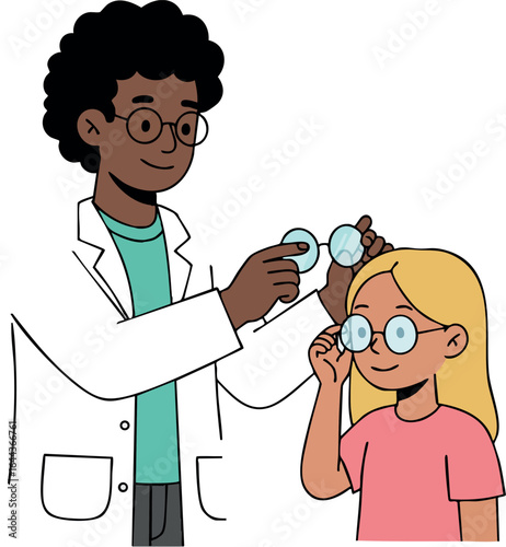 Optometrist examining childs eyes with light for vision check in healthcare setting 