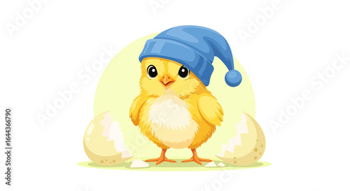 Cute little chick wearing a blue sleeping hat just hatched from its egg illustration