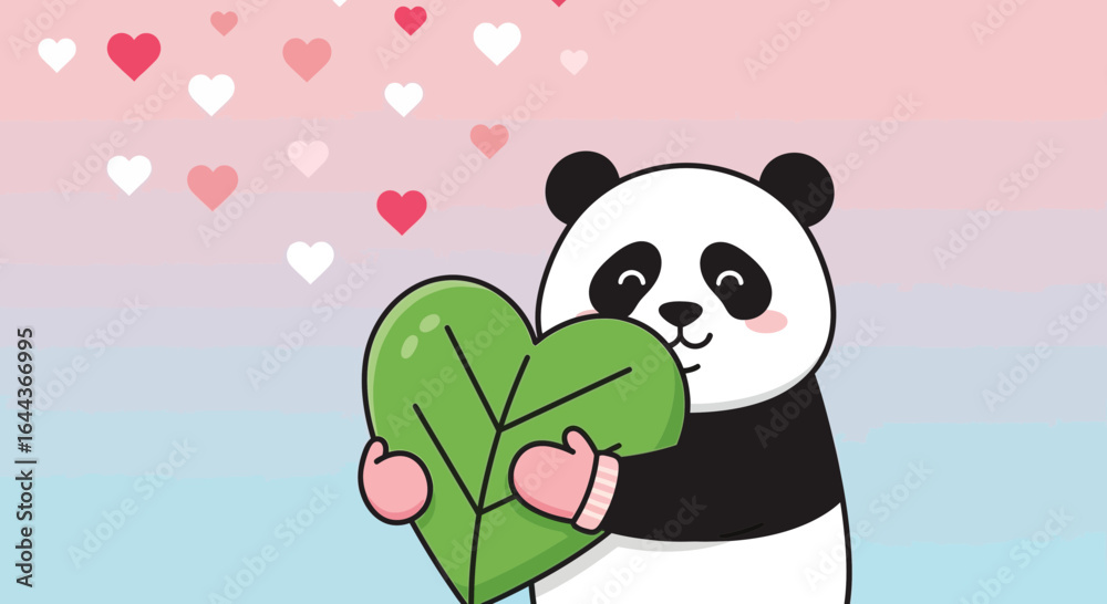 Obraz premium Cute Panda Holding Green Heart Shaped Leaf For Valentine Day Card Design