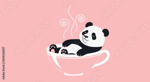 Cute panda bear relaxing in a steaming pink teacup creating a whimsical illustration of peacefulness and warmth