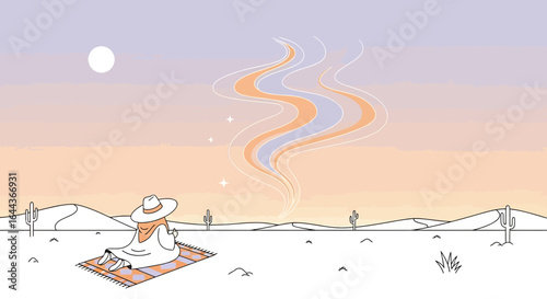 Desert Dreamer: A serene illustration of a woman meditating under mystical sky