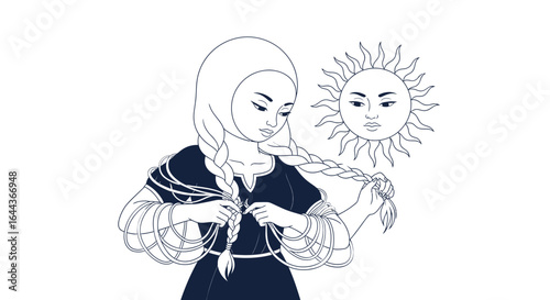 Elegant line art illustration of a woman braiding her hair with sun motif