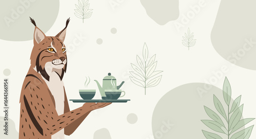 Elegant lynx butler serving tea in a serene botanical backdrop creating unique character and refined hospitality concept