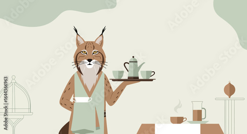 Elegant lynx waiter serving tea in a stylish cafe, a charming and whimsical illustration full of character