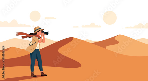 Desert photographer capturing scenic landscapes with camera and passion exploring the vast dunes under the scorching sun and clear blue skies