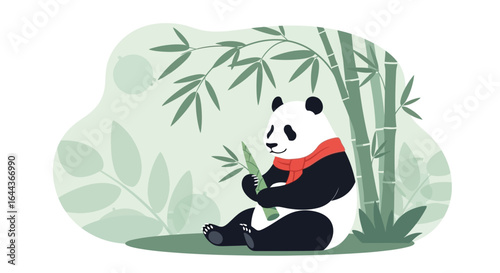 Cute panda illustration enjoying bamboo in a serene bamboo forest scene minimal vector artwork